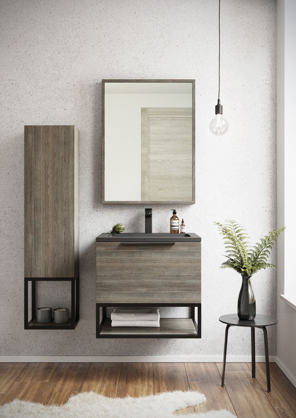 Bathroom vanity and coordinating tall storage cabinet