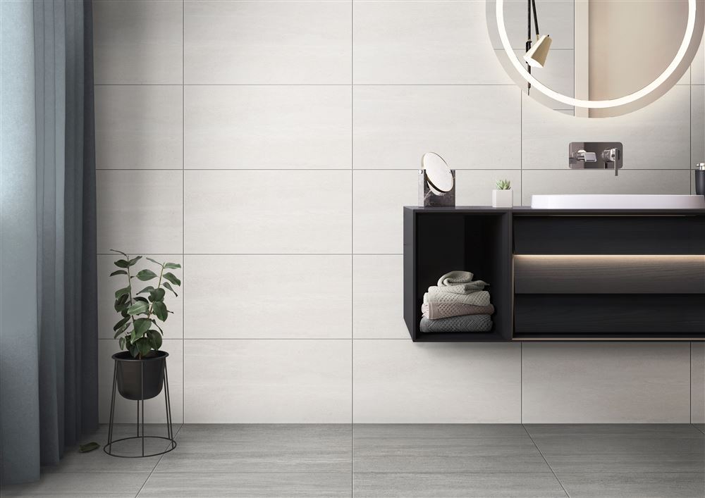 VitrA Canyon tiles on the walls and floor of a contemporary bathroom